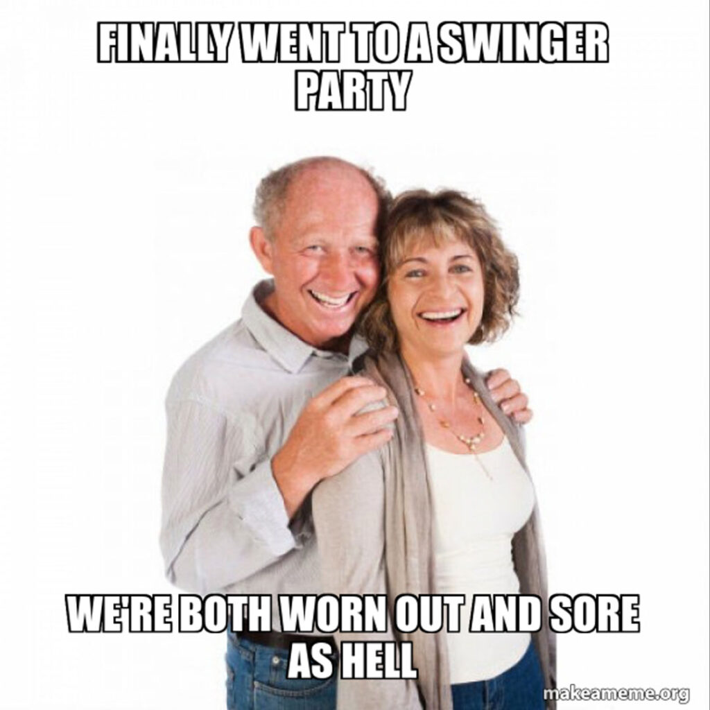Funny meme couple tired and sore from swingers party