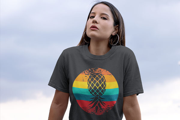 swinger woman wearing an upside down pineapple t-shirt