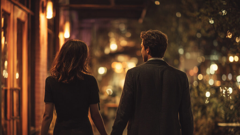 Happy couple out for their first swingers night out.